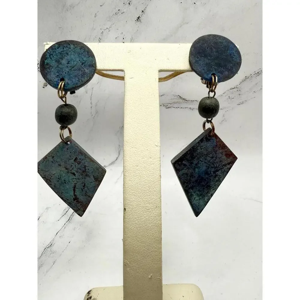 Vintage 80s Mystical Patina Geometric Drop Earrings